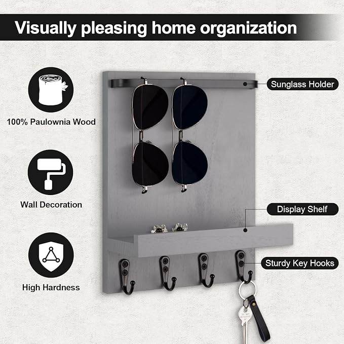 Key Holder Wall Mount, Key Holder for Wall with 4 Hooks, Farmhouse Key Hanger Holds Dog Leash, Sunglasses – Decorative Mail Organizer Home Decor