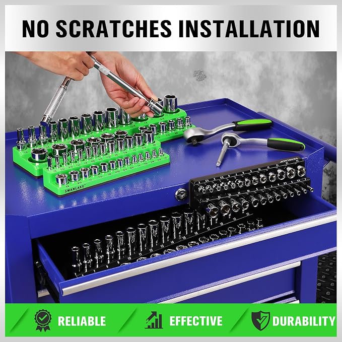 SWANLAKE 4-Piece Magnetic Socket Organizer Set, Metric & SAE Socket Holder Set Includes 1/4", 3/8" Drive Sockets Trays, Magnetic Sockets Organizer for Tool Box Drawer