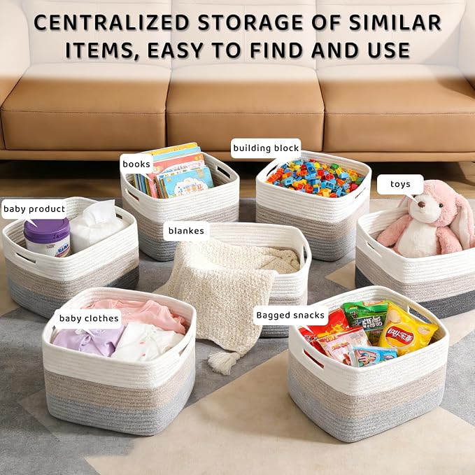 4 Pack Large Storage Baskets for Organizing, 16''Lx12''Wx8''H Woven Baskets for Storage Toys, Towels, Books, and Clothes, Cotton Rope Basket for Shelves with Handle