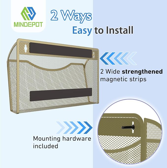 MINDEPOT Magnetic Wall File Organizer, Hanging File Holder, 3 Pack, Gold | Heavy Duty Iron, Powerful Magnet, Metal Mesh Wall Mount, Single Pocket, for Office School Classroom Home, Letter A4 Size