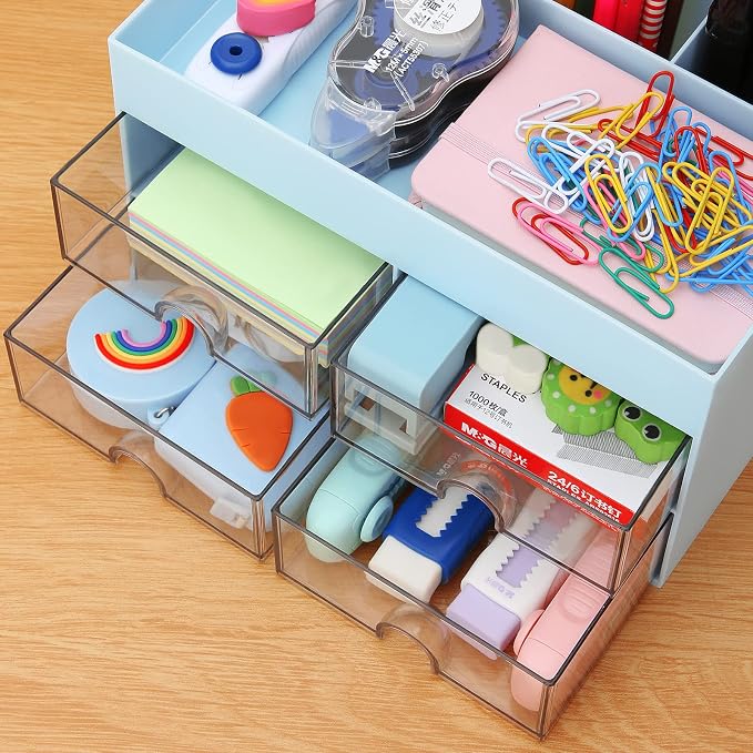 LETURE Office Desktop Organizer with Drawer, Stationary Organizer Desk Caddy, Pen/Pencil/Business Card/Sticky Note Tray/Paperclip Holder Storage Box (Blue)