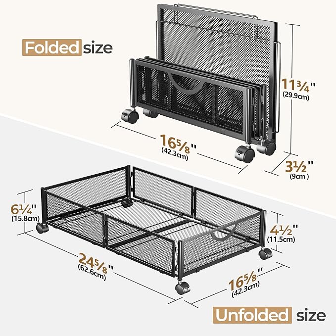 Yecaye Under Bed Storage with Wheels, 4 Pack Under Bed Shoe Storage Organizer Drawer, Tool-free Assembly Metal Underbed Storage Containers for Clothes, Shoes, Toys, Black