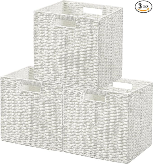 UBBCARE 3 Pack Wicker Basket, 11L×11H×10.5W inch Woven Paper Rope Storage Baskets for Shelves, Foldable Cube Storage bin with Handle, Storage Basket for Organizing & Decor, White