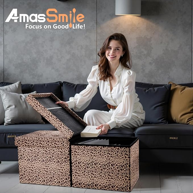 AmasSmile Footrest Ottoman Storage Bench, 34" Velvet Folding Stool,Leopard | Large Ottoman with Storage, Thicker Foam Padded Seat, Livingroom, Dorm, Bedroom, Entryway, Easy to install, 34 x 13 x 13in