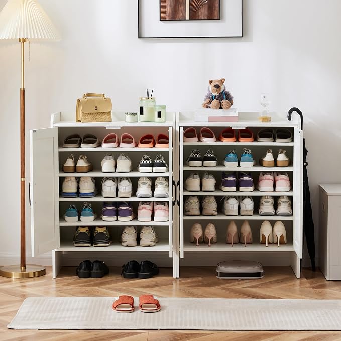Farmhouse Shoe Cabinet with Doors, Modern Large 5-Tier Shoe Storage Cabinet with Adjustable Shelves, Wooden Shoe Organizer for Entryway, Hallway, Closet, Bedroom, Living Room