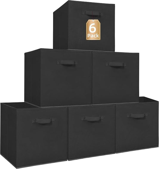 STORAGE MANIAC Storage Cubes, 13 Inch Collapsible Storage Bins with Handles, 6 Pack Fabric Foldable Bins for Organization, Durable Storage Bins for Closet, Shelves, Offices, 6-Pack Black