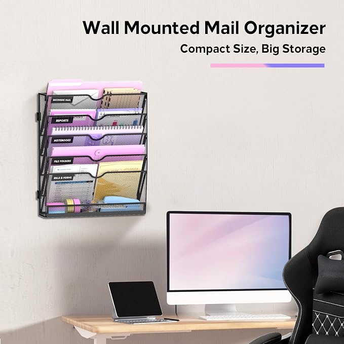 6-Tier Wall File Organizer with Base, Wall Mounted File Holder | Vertical Hanging File Organizer with Open Compartments and Label Holders for Mail, Folders and Paperwork at Home or Work