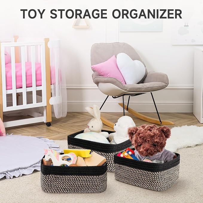 3-Pack Storage Baskets for Organizing | Woven Shelf Toy Basket | Rope Baskets for Gifts Empty | Closet Organizer Bins with Handles | Cube Decorative Box | 13.7×7.1×6.7” | Black Brown