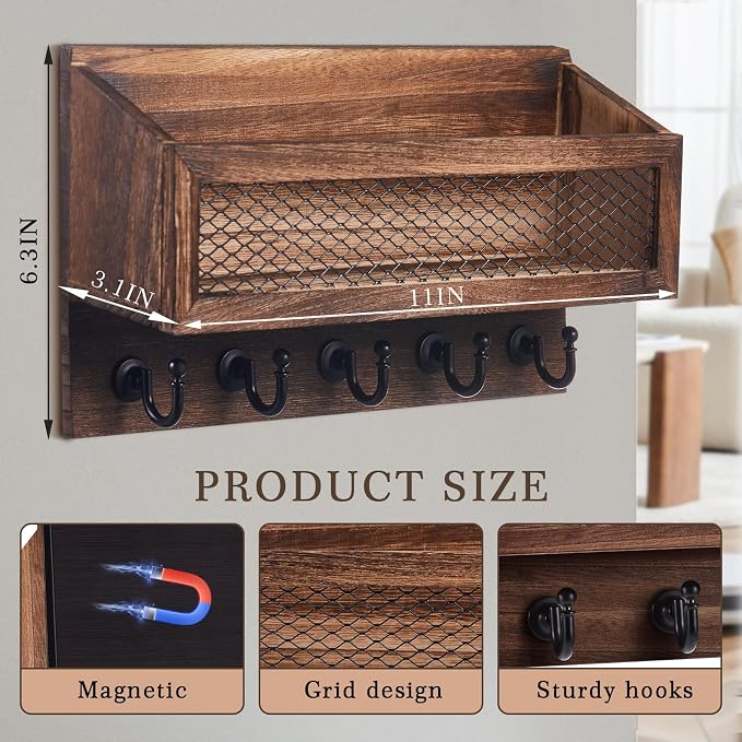 Colingmill Magnetic Mail and Key Holder for Wall Fridge Wooden Mail Organizer with 5 Key Hooks for Home Bedroom Fridge Kitchen Decorative(Brown)