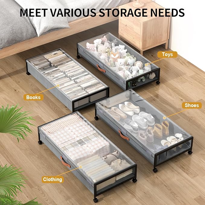 Under Bed Storage Containers with Wheels Large Underbed Shoes Blankets Clothes Toy Storage Drawers for College Dorms Bedrooms Nursery Rooms Organization (Grey 2 Pack, 7.5in height(36"x16.6"x7.48"))
