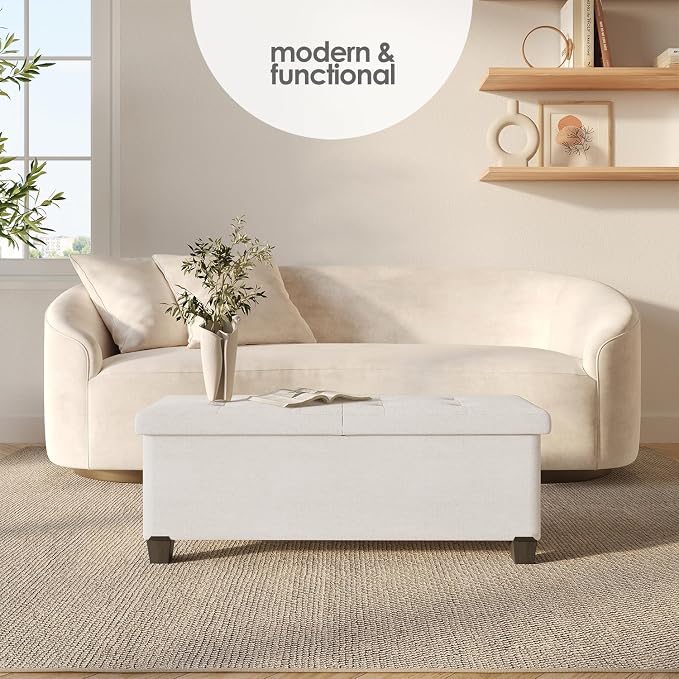 Storage Ottoman Bench with Bins, 43-in Storage Bench for Bedroom End of Bed, Folding Foot Rest Ottoman for Living Room Max 660lbs, Fabric Ottomans, Beige