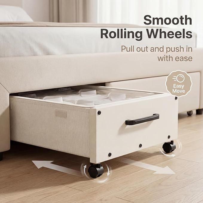 KITHELP Wooden Under Bed Storage with Wheels, Rolling Under the Bed Storage Bins with Removable Lid, Metal Under Bed Drawers for Clothes and Shoes in Bedroom or Living Room (White-2pack)