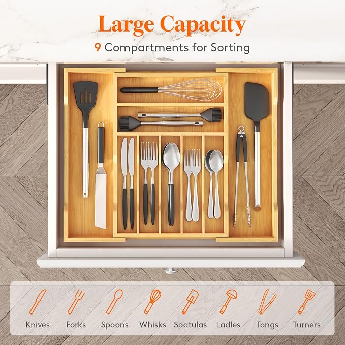 Lifewit Silverware Drawer Organizer, Wooden Utensil Tray for Kitchen | Expandable Flatware and Cutlery Holder, Adjustable Storage for Spoons Forks Knives, 12-21 x 17", Natural