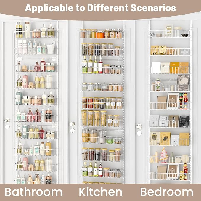 ElegantArray 9-Tier Pantry Door Organizer, White | Over The Door Pantry Organizer Rack and Storage, Hanging Spice Rack Shelves Door, Home Office Laundry Room Bathroom & Kitchen