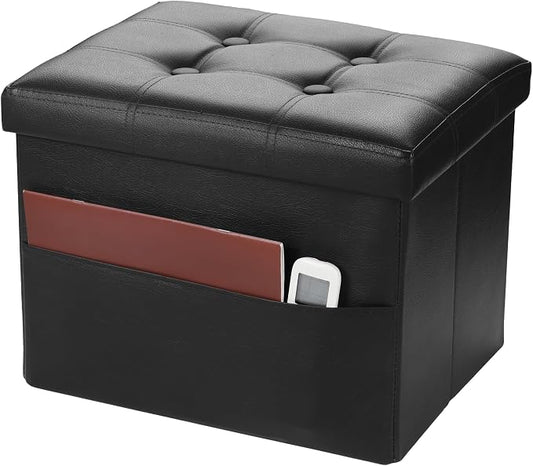 Bsketa Storage Ottoman Bench,17 Inch Folding Leather Foot Rest Stool, Black | Small Ottoman with Side Pockets, Thicker Foam Padded Seat, Livingroom, Dorm, Bedroom, Easy to install, 43L,17x13x13in