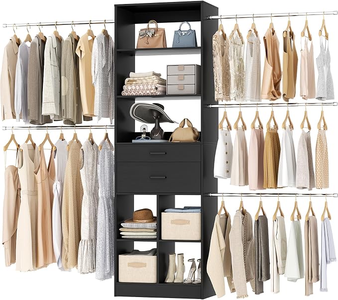 Besiost Closet System, 4-8 FT Closet Organizer Tower with 2 Wooden Drawers and Shelves, Can Fit 60 to 96 inch Walk-in Closet System with 5 Hang Rods, Built-in, Black