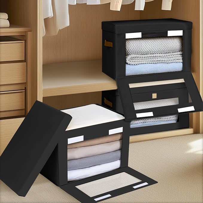 Homsorout Collapsible Storage Bins - Large Stackable Organizer Bins, Decorative Boxes with Handles & Window, Fabric Containers for Living Room, Closet, Dorm, 2 Pack, Black