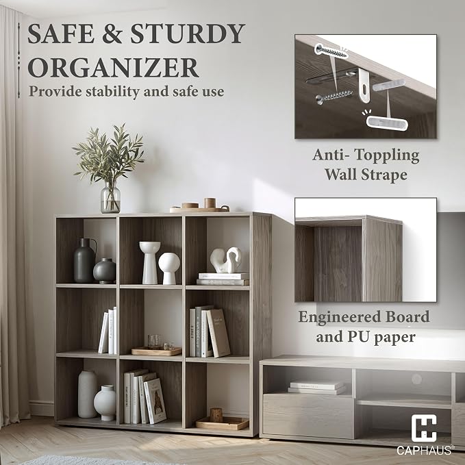 CAPHAUS Sturdy Room 11-Inch Cube Storage Organizer Shelf, with Thick Exterior Edge, Storage Shelf Divider w/Back, Bookcase, 6-Cube, Dark Grey