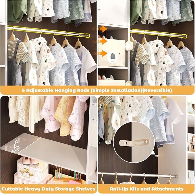 Besiost Closet System - 5-8FT Closet Organizer System with Wooden Drawers & Cube Storage Organizer, Up To 96" Closet Systems for Nursery & Walk-In Closets with Cuttable Hanging Shelving, White