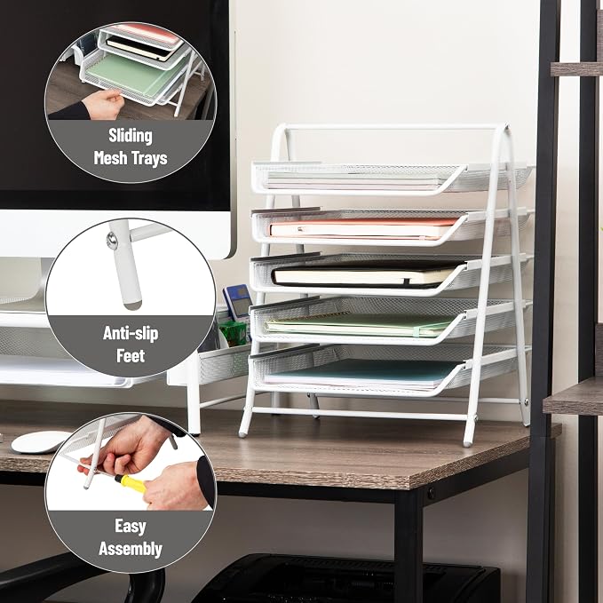 Mind Reader 5-Tier Paper Tray Organizer, White | Vertical Desktop File Storage Rack, Office, Metal Mesh