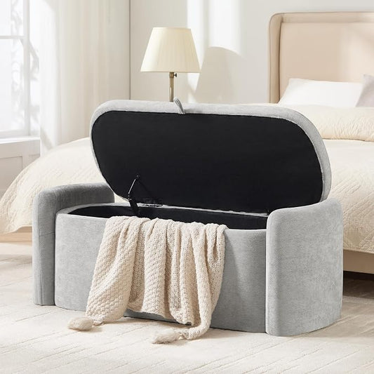 Oval Ottoman Bench with 20 Gal of Storage Space Upholstered Chenille Seat End of Bed Storage Bench Storage Ottoman with Storage for Bedroom, Living Room, Entryway, Window (Light Gray)