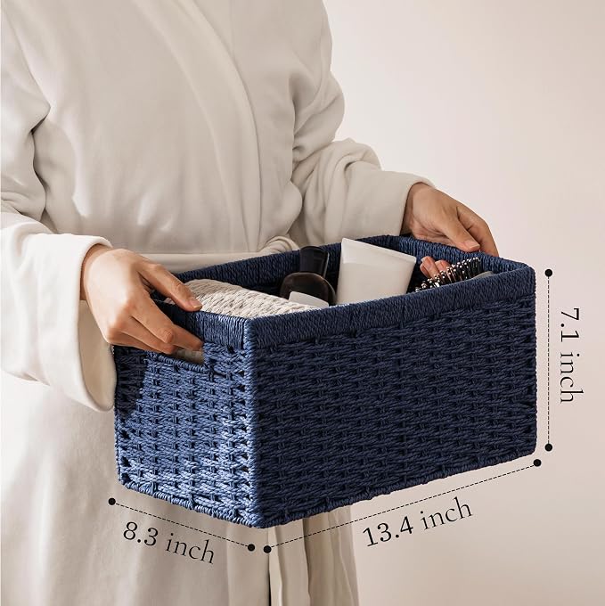 joybest Wicker Baskets for Shelves, Hand-woven Storage Baskets Green | 13.4L x 8.3W x 7.1H inch for Pantry, Kichen Organizing, Foldable Rectangular Bin with Handles, 2-pack