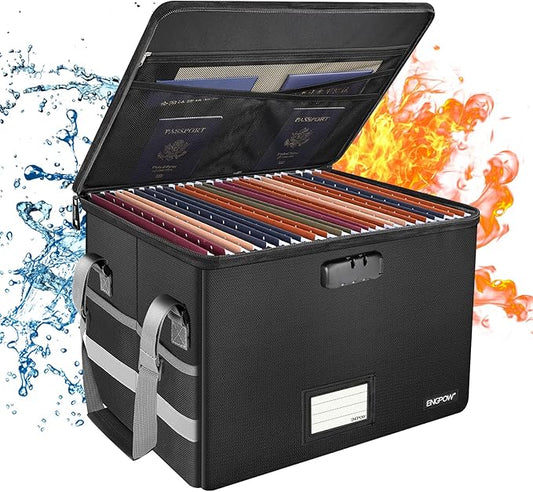 ENGPOW File Box with Lock,Fireproof Document Box with Zipper＆Pockets,Collapsible File Organizer Filing Storage Cabinet with Handle,Portable Home Office Safe for Hanging Letter/Legal Folder,Black