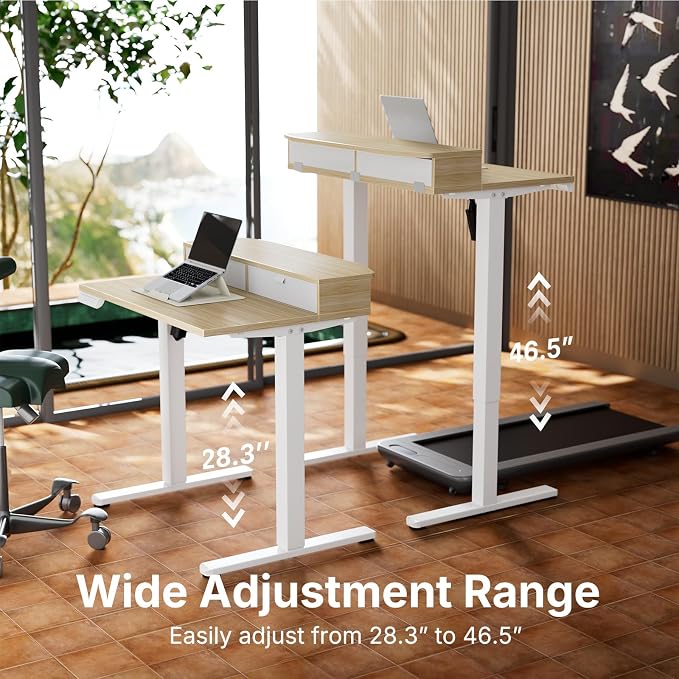 HUANUO 32" X 21" Electric Standing Desk with 2 Drawers, C-Clamp Mount Compatible, Height Adjustable Computer Desk, Home Office Stand Up Desk with 4 Preset Heights & 2 Hooks, Light Walnut