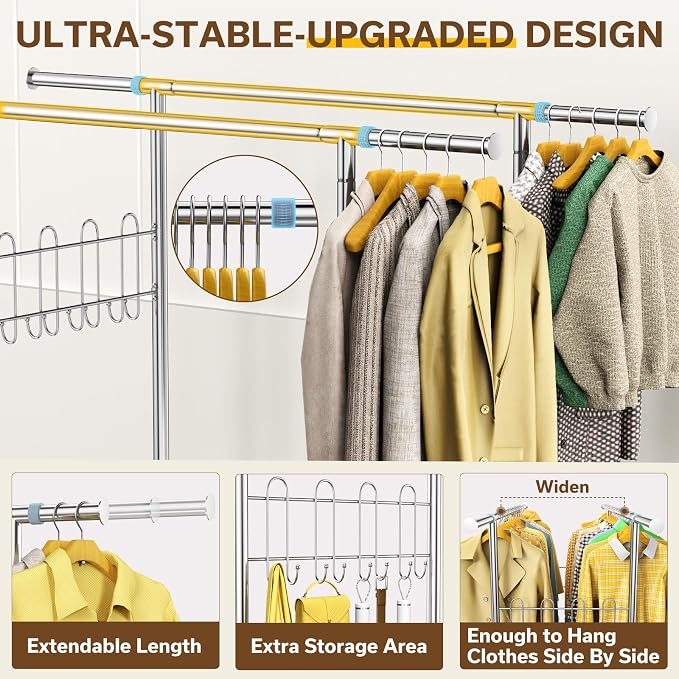 100% Stainless Steel Heavy Duty Clothes Rack Load 960LBS, Double Rod Clothing Rack for Hanging Clothes with Reinforced Rubber Rings, Extendable Rolling Garment Racks W/ Portable Wheel & Sturdy Shelves