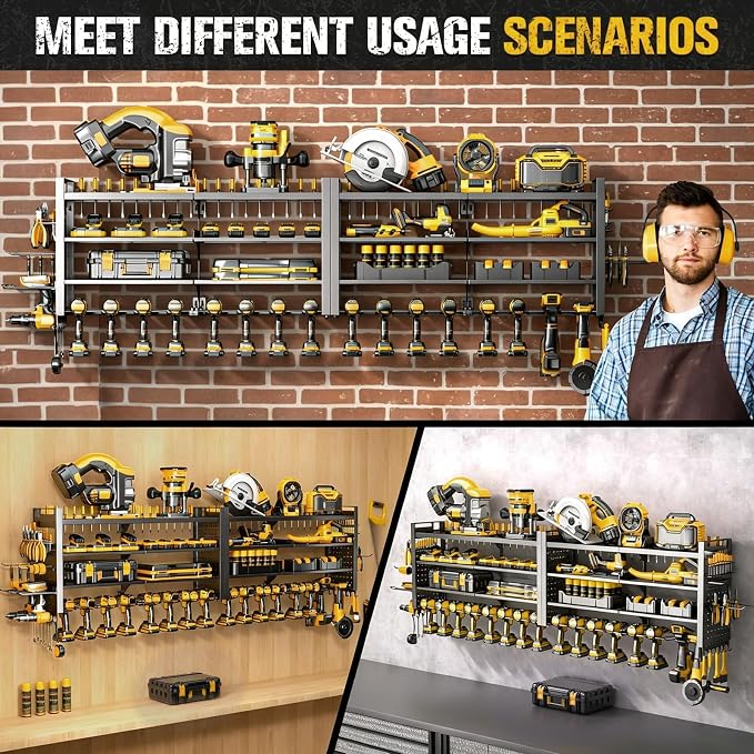 66" W Power Tool Organizer Wall Mount,4-Layer,18 Cordless Drills | Large Tool Storage Rack, Heavy Duty 600 lb Load Capacity for Garage Workshop, Black, Gift for Men