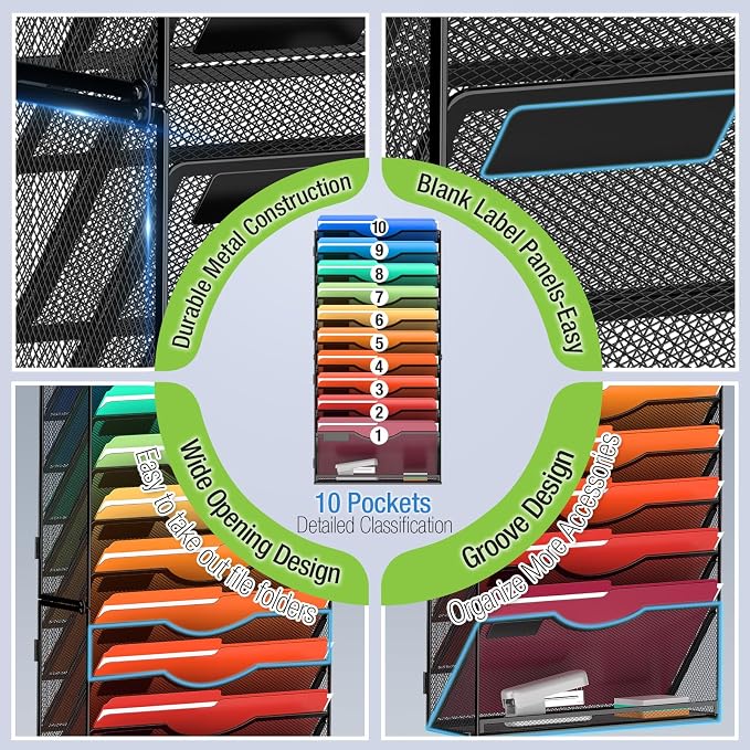 MINDEPOT 11 Tier Wall File Holder Hanging Wall Mount Paper File Organizer for Mails Folders Document Magazine Organization, for Office School Home, Black