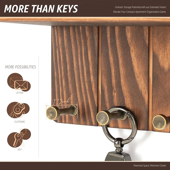 Rebee Vision Key Holder Wall Mount with 4 Hooks for Home Decor, Retro Brown | Pine Wood, Key Holder for Wall, Mail Sorter, Floating Shelf, Plant Display, Letter Holder, Home Storage Essentials