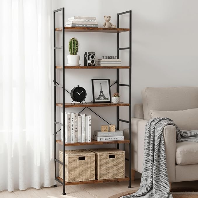HealSmart 5 Tier Bookshelf, Free Standing Book Shelf Home Office Bookcase Shelf Storage Organizer for Bedroom, Living Room, Bathroom, Office, Balcony, Rustic Brown