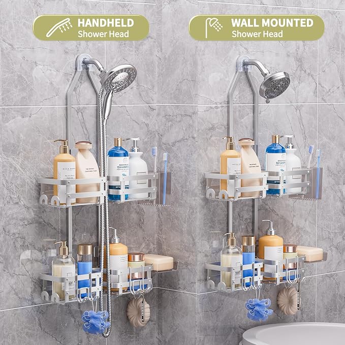 Aluminum Shower Caddy Hanging,Shower Caddy, Never Rust Shower Organizer | 4 Levels with adjustable Height 10 Hooks for Razor/Sponge - Rack with Soap Basket (Silver)