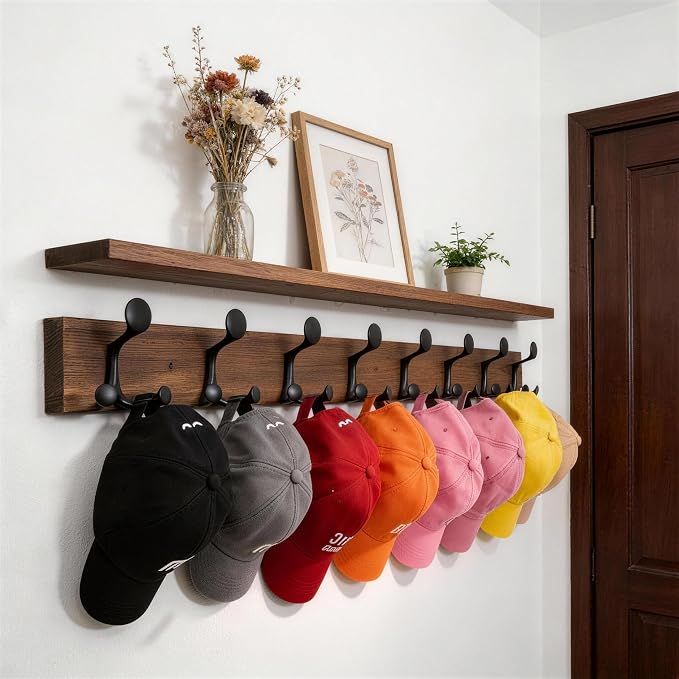 WEBI Coat Rack Wall Mount,43" Solid Wood Coat Hooks Wall Mounted Coat Hanger,16" Hole to Hole,Heavy Duty Hook Rack,8 Triple Hooks for Hanging Coats,Jacket,Hat,Backpack,Farmhouse,Brown