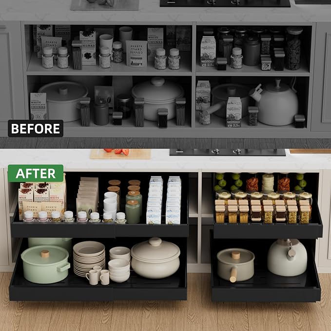 PAKETA 4 Pack Expandable Pull Out Cabinet Organizer,21" Deep | Pull Out Drawers for Cabinets with width from 15" to 26",Sliding Drawers for Cabinets with Upgrade 3 Slide Rails,hold 65 lbs
