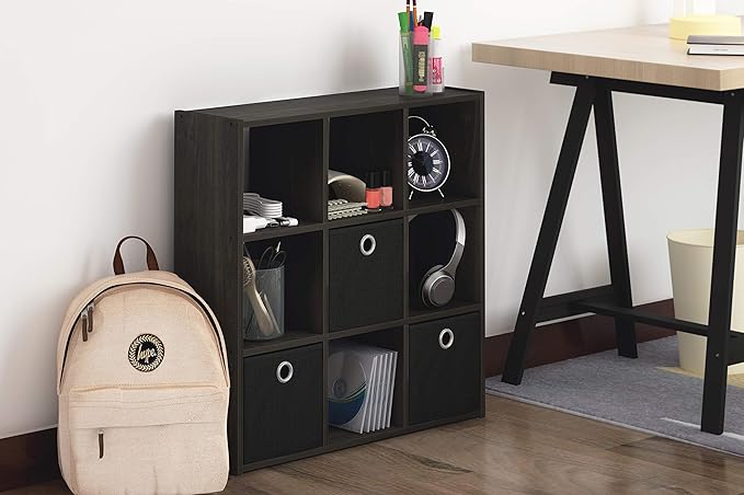 Furinno Simplistic 9-Cube Organizer with Bins, Small Size (Assembled unit dimensions : 7.9"D x 26.5"W x 26.7"H inches), Espresso/Black