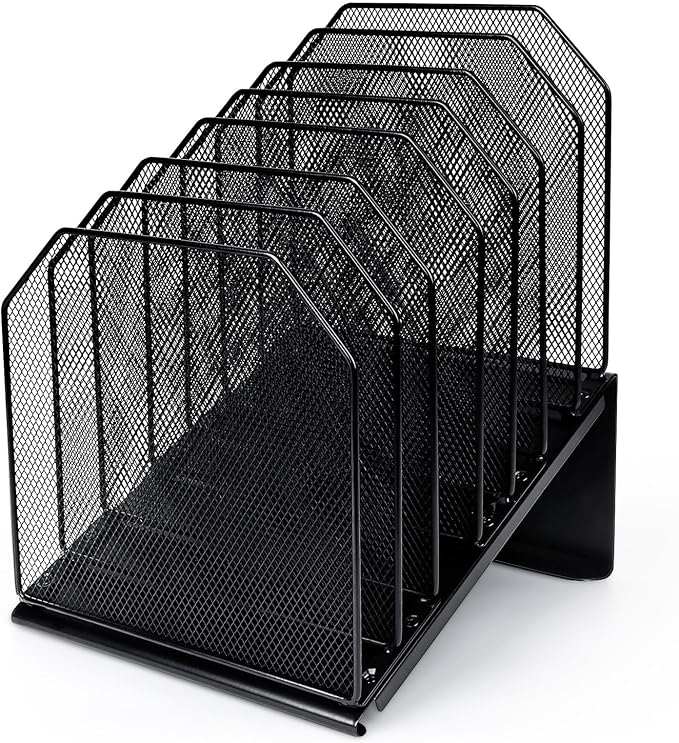 SUMMORO Inclined File Organizer for Desk, 7-Section Vertical File Folder Holder Office Desk Organizer Metal Rack File Wire Mesh Desktop Document Sorter for Office School Classroom Home (Black)