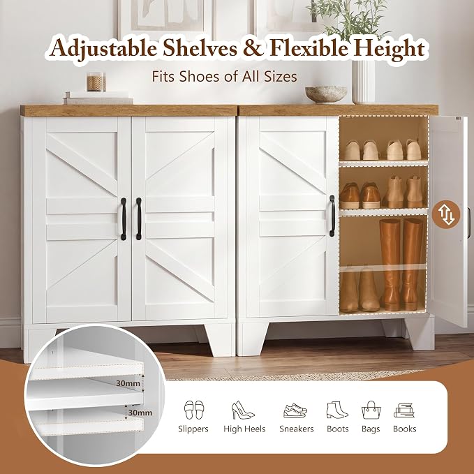 Heybly Modern Farmhouse Shoe Cabinet with Doors, Entryway Storage HSC001WWB | Adjustable Shelves, Hidden Shoe Storage, Versatile Entryway Cabinet Furniture with Thick Top, Reinforced Legs, Walnut-White