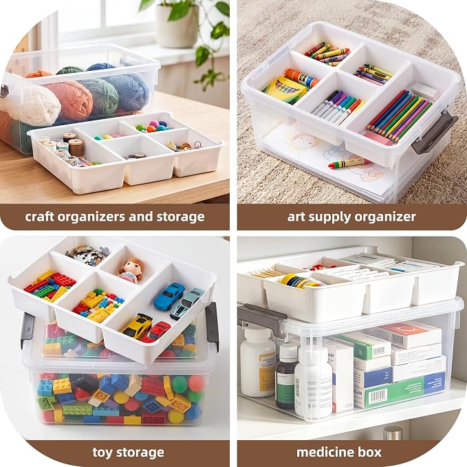 Citylife 17QT Clear Craft Organizers and Storage Box with Removable Tray | Stackable Art Supply Organizer Storage Bins with Lids for Beads, Markers, Sewing, Tools, Playdoh, Coloring Books, Made in USA