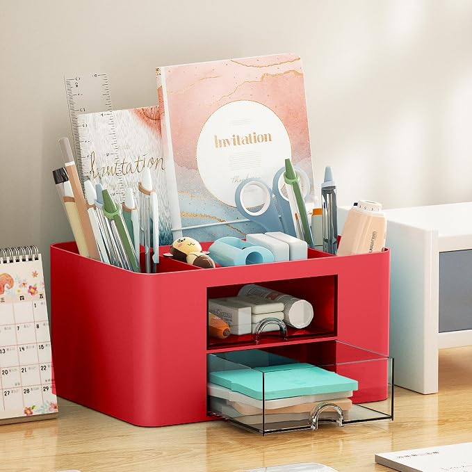 Marbrasse Pen Organizer with 2 Drawer, Multi-Functional Pencil Holder for Desk, Desk Organizers and Accessories with 5 Compartments + Drawer for Office Art Supplies (Red)