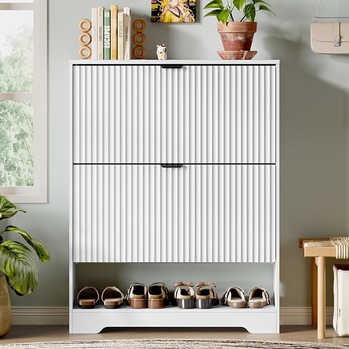 Xixini Shoe Storage Cabinet for Entryway with 2 Flip Drawers, Hidden Slim Wood Shoe Organizer with Modern Fluted Panel, Freestanding Narrow Shoe Rack for Front Door Entrance, Hallway, Foyer, White
