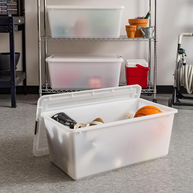 IRIS USA 4-Pack 91 Qt Stackable Storage Bins with Lids, Pearl | Discreet opaque design keeps belongings out of sight while organizing closets, bedrooms and seasonal storage, Stackable