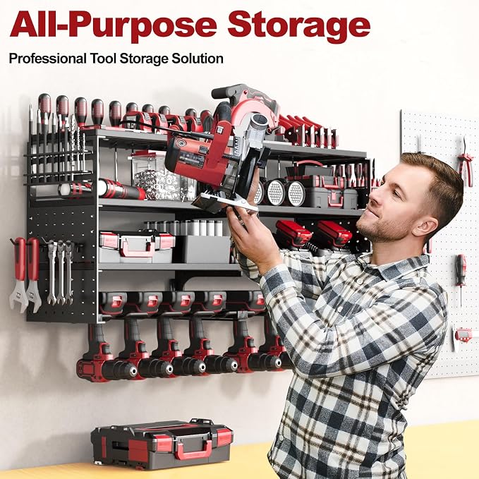 33" Metal Power Tool Organizer Wall Mount,4 Tier,Black | Heavy-Duty Metal,320 LBS Capacity,8 Cordless Drill Holders,Adjustable Hooks,Tool Shelf for Garage Workshop Shed,Pegboard