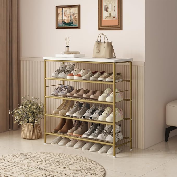 SUOERNUO 5 Tier Shoe Rack Organizer for Closet Shoe Storage for Entryway | Free Standing with MDF Top Board,Sturdy Metal Frame,Ideal for Living Room,Hallway Gold