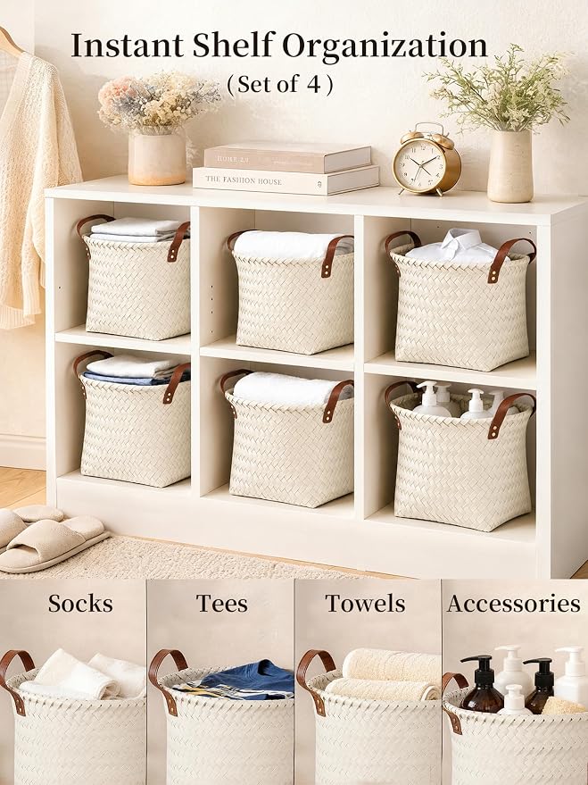 Wicker Storage Baskets, 4 Pack Woven Baskets for Shelves, White | PP Rattan, Water-resistant Wicker Basket, Large Baskets with Faux Leather Handles for Blanket, Laundry Organizer, Room Decor