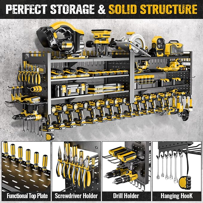 66" W Power Tool Organizer Wall Mount,4-Layer,18 Cordless Drills | Large Tool Storage Rack, Heavy Duty 600 lb Load Capacity for Garage Workshop, Black, Gift for Men
