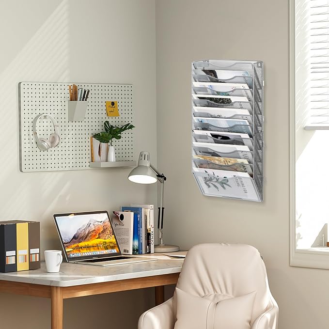 EasyPAG Wall File Organizer for Office 10 Pocket Mesh Wall Mounted Paper Organizer Hanging Folder Holder with Nametag Label for Home School, Silver