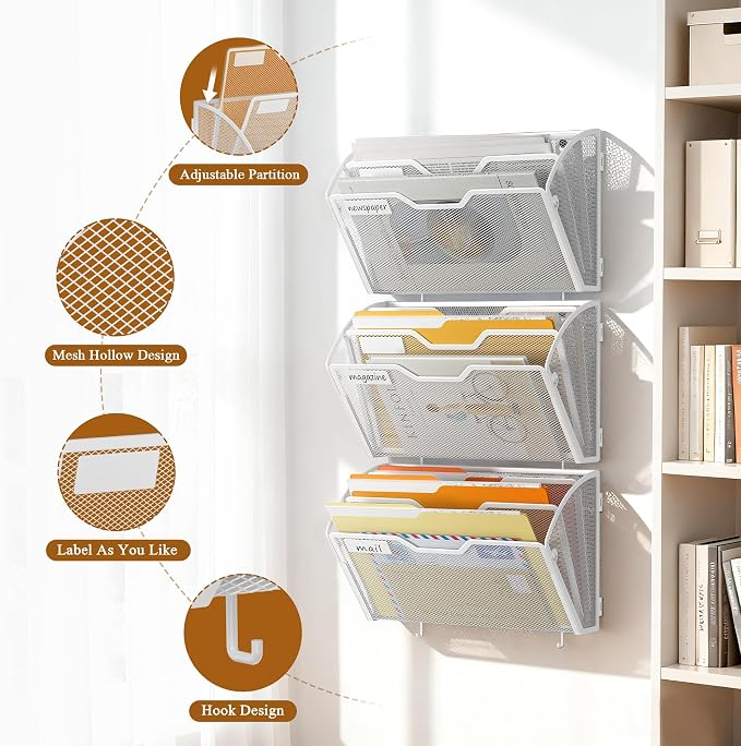 Docnest 3 Pack 3 Tier Mesh Wall File Holders with Hooks for Mail, White | Space-saving vertical design with utility hooks. Ideal paper document organizer for office, home, and school