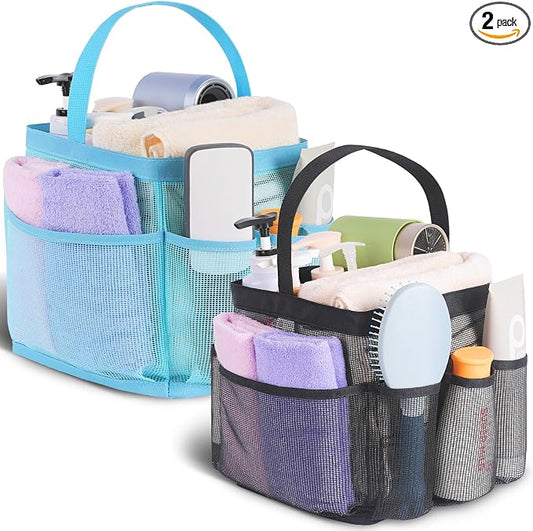 EUDELE 2 Pack Mesh Shower Caddy Portable for College Dorm Room Essentials, Shower Caddy Dorm with 8-Pocket Large Capacity,Shower Bag for Beach,Swimming,Gym All Black+All Ice Blue